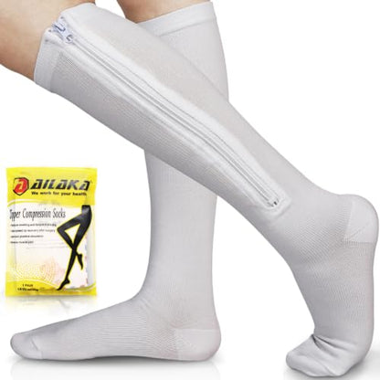 Ailaka Medical 15-20 mmHg Zipper Compression Socks Women Men - color: White, size: Small/Medium (1 Pair)