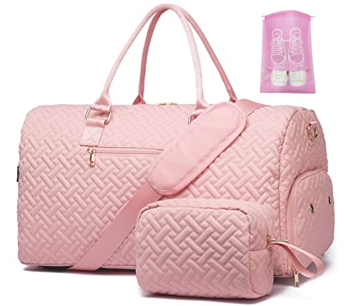 Duffle Bag for Travel, Weekender Bag with Shoe Compartment, Carry On Overnight Bag for Women with Toiletry Bag, 50L Gym Bag with Wet Pocket, Hospital Bags for Labor and Delivery Pink - color: Pink, size: Regular