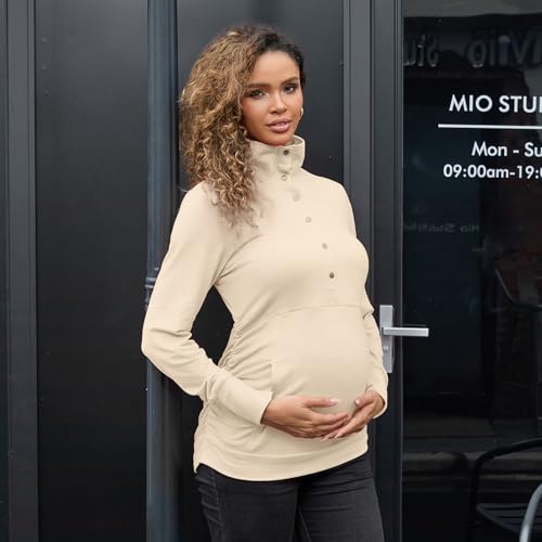 Bhome Maternity Shirt Casual Long Sleeve Half Button Front Lightweight Sweatshirts Slim Fit Pullover Tops with Pockets - color: Apricot, size: X-Large