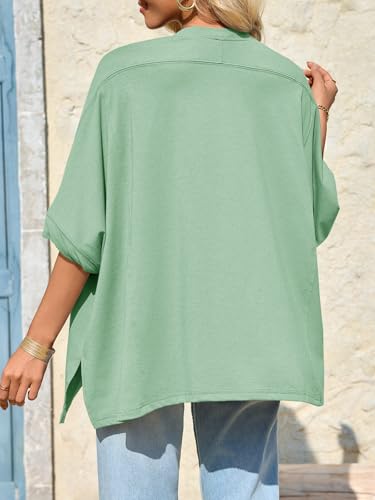 Tankaneo Womens Oversized Tshirts Batwing Short Sleeve Asymmetric Hem Tops - color: Green, size: Large
