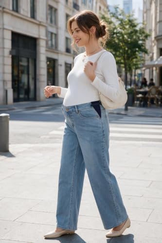 OUGES Women’s Maternity Jeans Adjustable Waistband Wide Leg Work Pants - color: Light Blue, size: X-Large