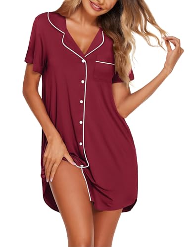 Ekouaer Womens Cotton Nightgowns Button Down Sleep Shirts Soft Night Shirts - color: Red, size: Medium