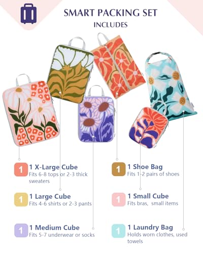 Gonex 6-Piece Compression Packing Cubes with Shoe & Laundry Bags - color: Flowers, size: 6 Set