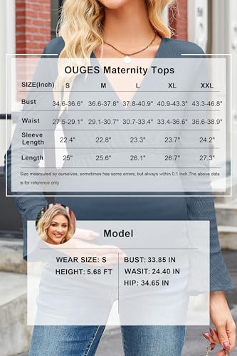 OUGES Women's Maternity Shirts Long Bell Sleeve Casual V Neck Tops Fall Fashion Textured Pregnancy Blouse - color: Blue, size: Small