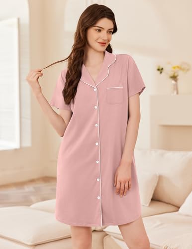 Ekouaer Womens Cotton Nightgowns Button Down Sleep Shirts Soft Night Shirts - color: Pink, size: Medium