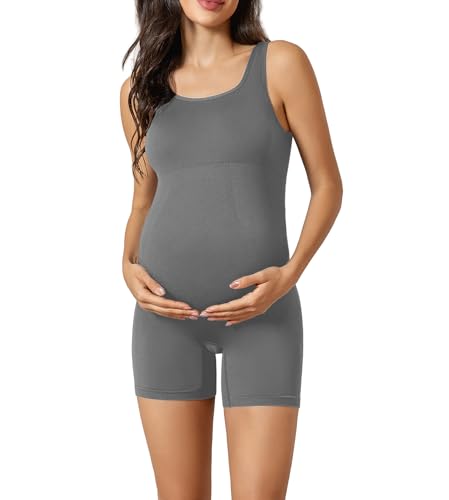 Suekaphin Womens Square Neck Maternity Bodysuit Jumpsuit Romper,Stretch Pregnancy Shapewear,Tank Top Maternity Support - color: Grey, size: Medium