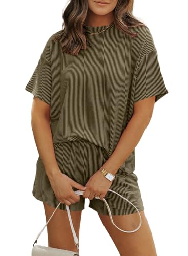 MARZXIN Women 2 Piece Short Set with Vertical Stripes Summer Cruise Outfits - color: Jungle Green, size: Medium