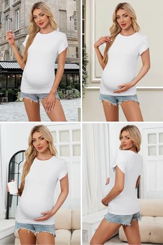 OUGES 3 Pack Women's Maternity Shirts/Tops Crew Neck Short Petal Sleeve Casual Fashion Tee Side Ruched Pregnancy Clothes - color: White, Black, Camel, size: XX-Large