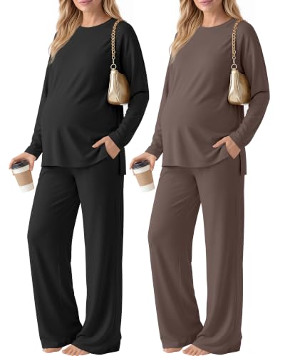 Huukeay 2 Pack Maternity Long Sleeve Pajamas Sets - color: Black, Coffee, size: Small