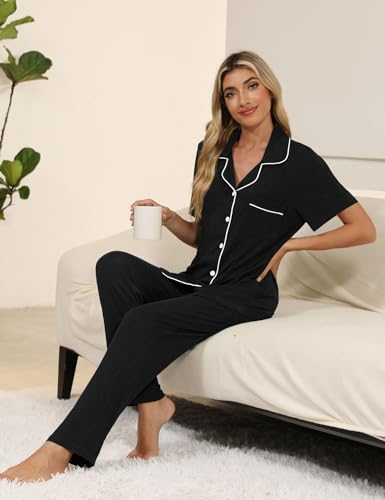 Senert Womens 2 Piece Pajamas Set Button Down Top and Pants Soft Sleepwear - color: Black, size: Medium