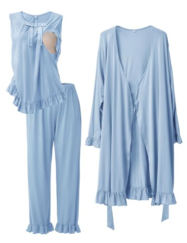 SUNNYBUY 3 PCS Ruffle Maternity Nursing Pajamas Set & Robe for Postpartum - color: Baby Blue, size: Small