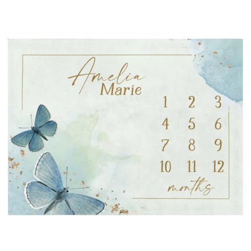 Customized Milestone Blanket Month Baby Girl, Butterfly Baby Milestones Blanket For Girl, Personalized First Year Calendar Monthly Growth Mat, Newborn Infant Milestone Throw, Newborn Shower Gift - color: Butterfly Baby Milestones for Girl