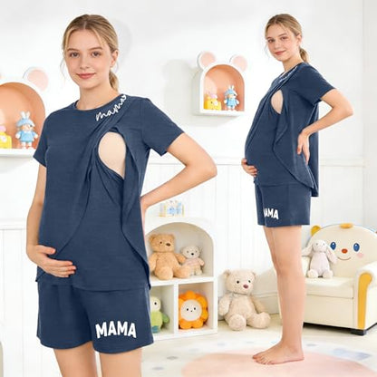 Maternity Nursing 2 Piece Pajama Set Double Layer Breastfeeding Sleepwear - color: A-blue, size: XX-Large