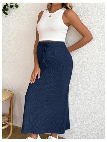MakeMeChic Women's Maternity 2Pc Sets Crew Neck Crop Tank Tops Mid Skirt - color: Royal Blue, size: Medium