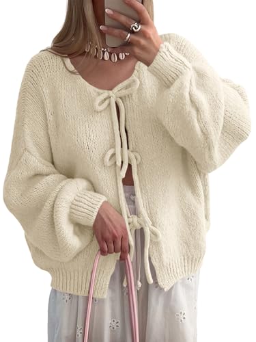 Saodimallsu Womens Tie Front Cardigan Oversized Long Sleeve Bow Sweaters - color: Apricot, size: Small