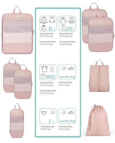 6/8 Set Space Saving Compression Packing Cubes Lightweight Packing Cube - color: Pink, size: 8 Pcs(XL,L*2,M*2,S,laundry bag,shoes bag)