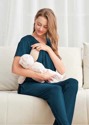 DANSHOW Women Nursing Pajamas Set Breastfeeding Loungewear - color: Navy, size: Small
