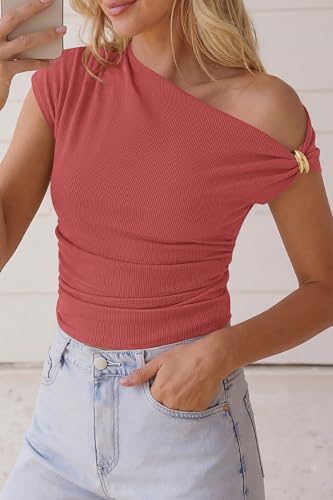 PRETTYGARDEN Womens Summer Off The Shoulder Crop Tops - color: Bean Paste Red, size: Medium