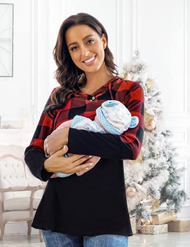 Quinee Women's Long Sleeve Plaid Colorblock Nursing Pullover Hoodie Sweatshirts - color: D Black Red Plaid, size: Medium