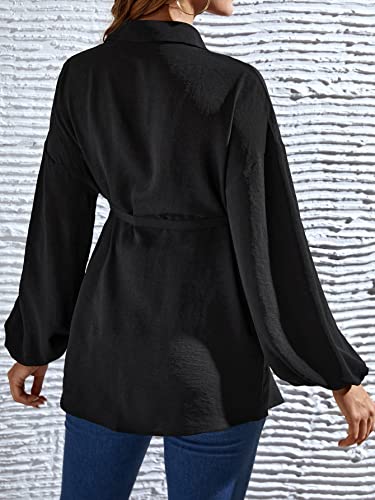 MakeMeChic Women's Maternity Blouse Long Sleeve Belted Button Down Tops - color: Black, size: Large