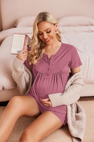 Ekouaer Women Maternity Nursing Pajama Sets Short Sleeve Postpartum Pajamas - color: Grey Red, size: X-Large