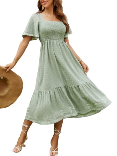 Glamaker Women's Short Sleeve Smocked Square Neck A Line Summer Flowy Maxi Long Dress - color: 01-green, size: X-Large