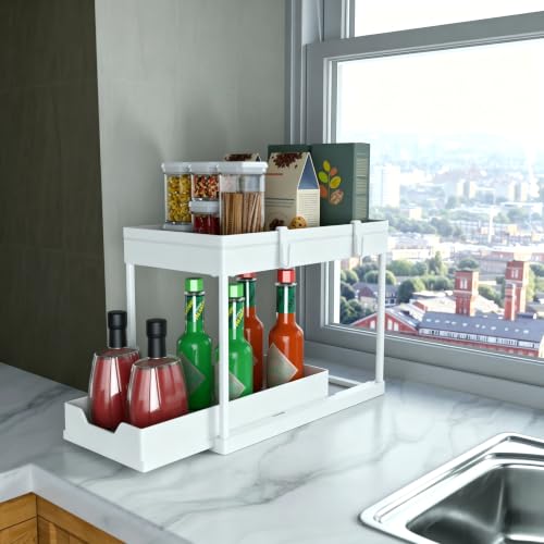 DEKAVA Cabinet, 2 Pack Under Sink Organizer, 2 Tier Sliding Bathroom Kitchen Organizer, Large White ABS Baskets, Easy Install & Clean - color: White