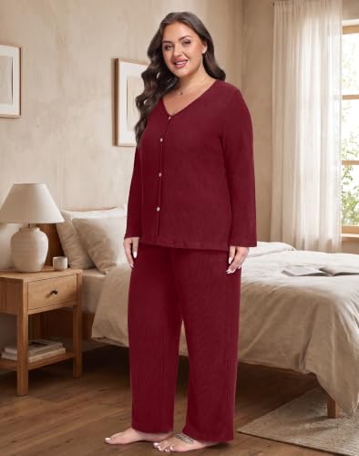 Plus Size Pajama Set for Women Long Sleeve Loose Fit Loungewear - color: Wine Red, size: 5X-Large Plus