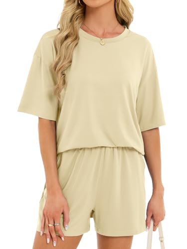 Women's 2 Piece Short Sets Loose Lounge Sets Summer Matching Sets - color: Beige, size: X-Large
