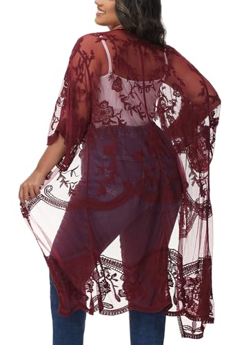 Anna-Kaci Women's Plus Size Lace Cardigan Embroidered Long Kimono Dusters with Half Sleeves - color: Burgundy, size: 3X-Large-4X-Large