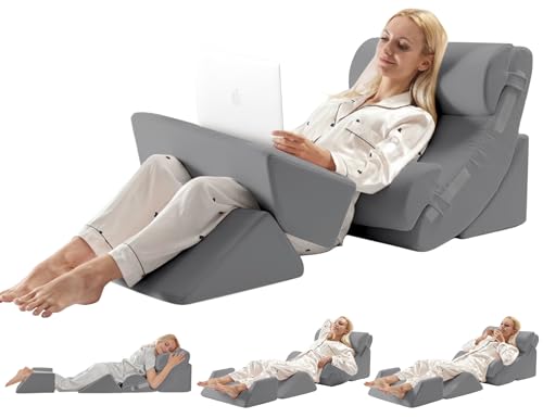 WSOFRLAC 6PCS Multi-Functional Bed Wedge Pillow Kit - 7-in-1 Orthopedic Support for Back/Neck/Legs, Post Surgery Recovery & Sitting Up in Bed, Post Surgery Foam for Body, Grey - color: Grey, size: 6 Piece Set