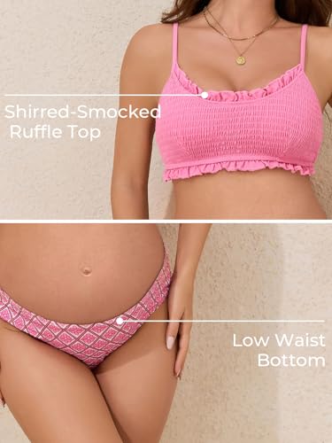 Summer Mae Ruffle Maternity Swimsuit Two-Piece Low Rise Bikini Bathing Suit - color: Pink Geometry, size: 16