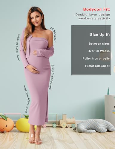 2 Piece Strapless Maternity Dress & Cardigan Set for Baby Shower - color: Dusty Purple, size: Medium