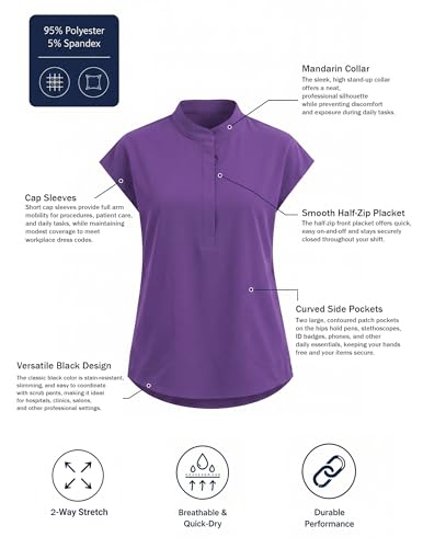 VECARDI Womens Scrub Top Zip Front Dolman Sleeves with Pockets - color: Dark Purple, size: Medium