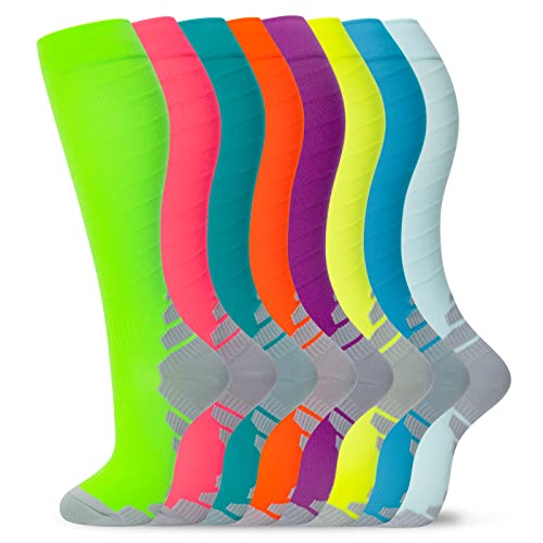 fenglaoda 8 Pairs Compression Socks for Men & Women 20-30 mmHg Knee High Nurse Pregnant Running Medical and Travel Athletic - color: 16-8Pairs-Fluorescent colors, size: Small-Medium