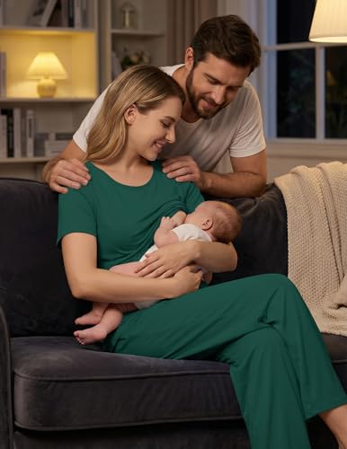 Ekouaer 3 Pack Postpartum Nursing Pajamas Breastfeeding Maternity Clothes - color: Lake Green, size: XX-Large