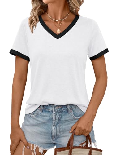 AUTOMET Womens Short Sleeve T-Shirts V Neck Summer Tops Comfy Clothes 2026 - color: White, size: Medium