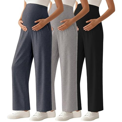 Ecavus 3Pack Womens Maternity Pants Wide Leg Lounge Palazzo Pregnancy Pants - color: Black+dark Grey+grey, size: X-Large