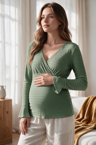 OUGES Women's Maternity Shirts Long Bell Sleeve Casual V Neck Tops Fall Fashion Textured Pregnancy Blouse - color: Gray Green, size: Large