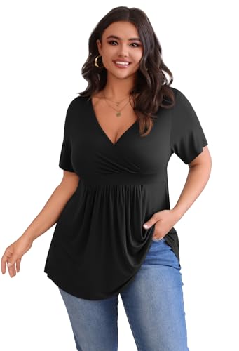 POSESHE Womens Plus Size Tops 2026 Summer Short Sleeves Tunic Tops - color: Black, size: X-Large Plus