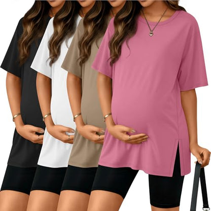 Riyiper 4 Pack Women's Short Sleeve Maternity T Shirts - color: Black, White, Khaki, Pink, size: Medium