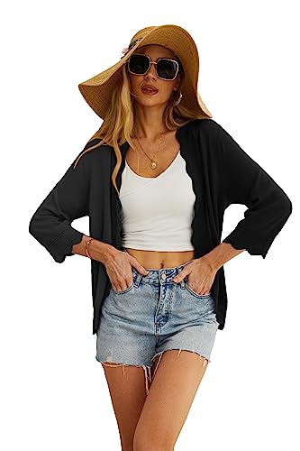 GRECERELLE Women's 3/4 Sleeve Summer Lightweight Knit Cardigan Sweater - color: 01-solid-black, size: 3X-Large