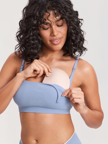 MOMANDA Ribbed Nursing Bras for Breastfeeding - color: Moonlight Blue, size: Large