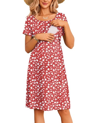 Maternity Summer Dress Breastfeeding Nursing Friendly Pregnancy Dresses - color: Red Daisy Floral, size: Medium