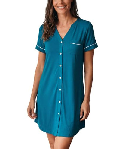 GYS Bamboo Viscose Nightgowns for Women Soft Button Down Sleep Shirt - color: Teal Blue, size: Large