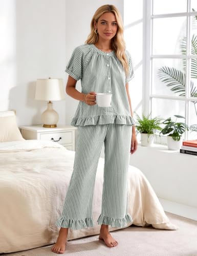 Flygo Womens Striped Pajama Sets Cotton 2 Piece Ruffle Lounge Pjs - color: Darkgreen, size: Large