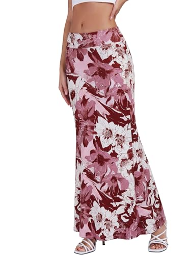 KIFOVEN Women's Foldover High Waist Maxi Skirt - color: White Flowers, size: X-Large
