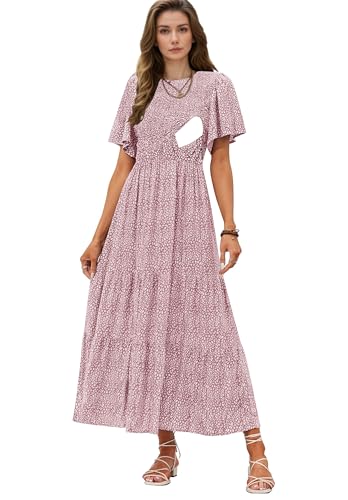 CzzzyL Womens Nursing Dress Summer Floral Print Smocked Maxi with Pockets - color: Leopardpink, size: Medium