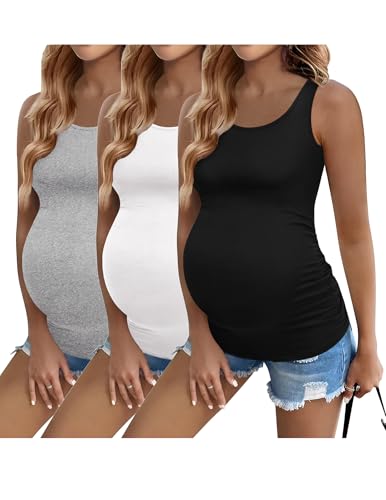 Ekouaer 3 Pack Women Maternity Tank Tops Summer Pregnancy Shirts - color: Black/Light Grey/White, size: Large