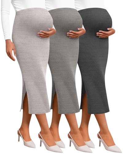 Neer 3 Pack Women's Ribbed Knit Maternity Skirts - color: Light Coffee, Gray, Dark Gray, size: Small